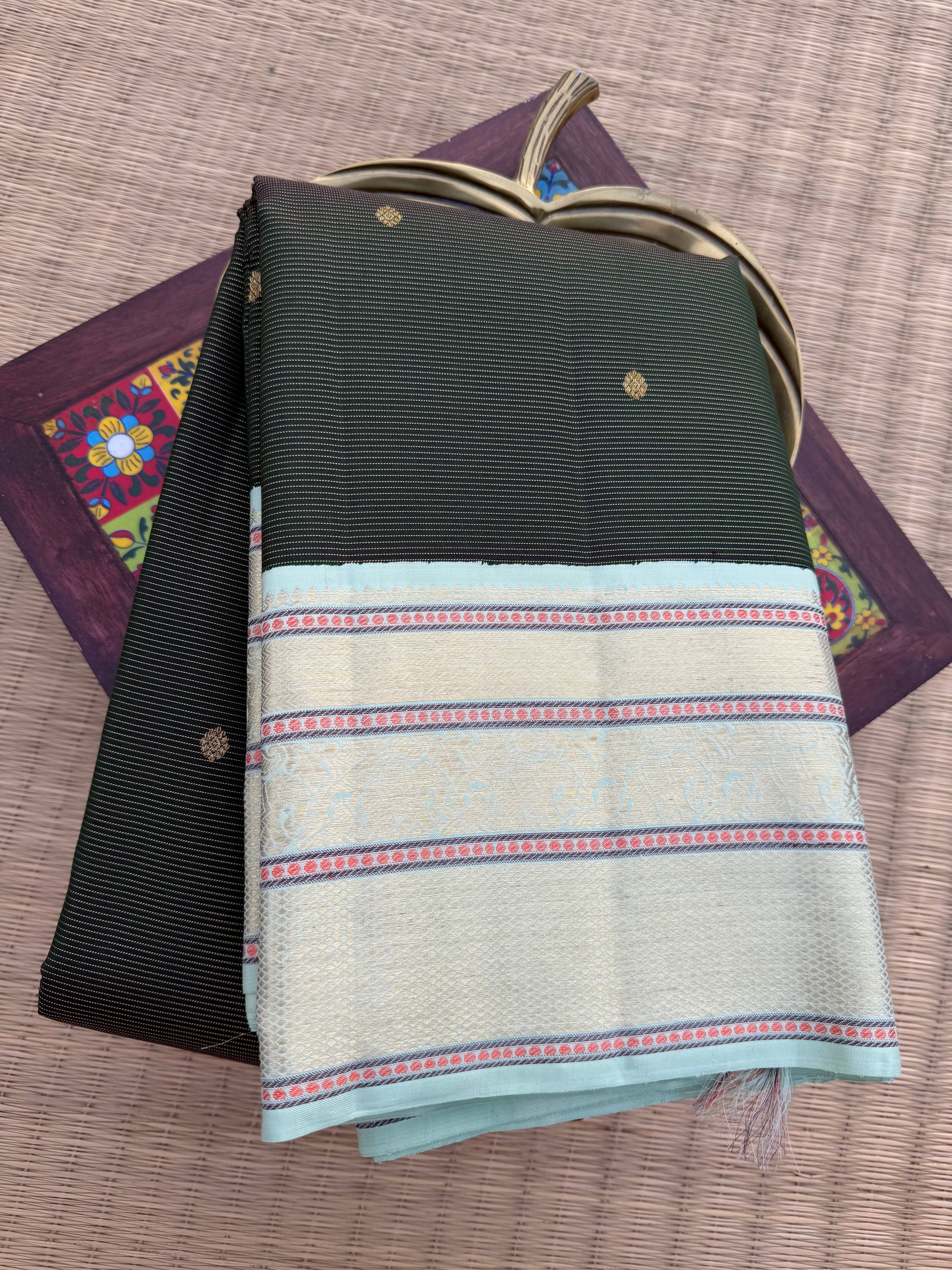 Puri Kanchipattu Saree Black with Mint Green gold zari Border