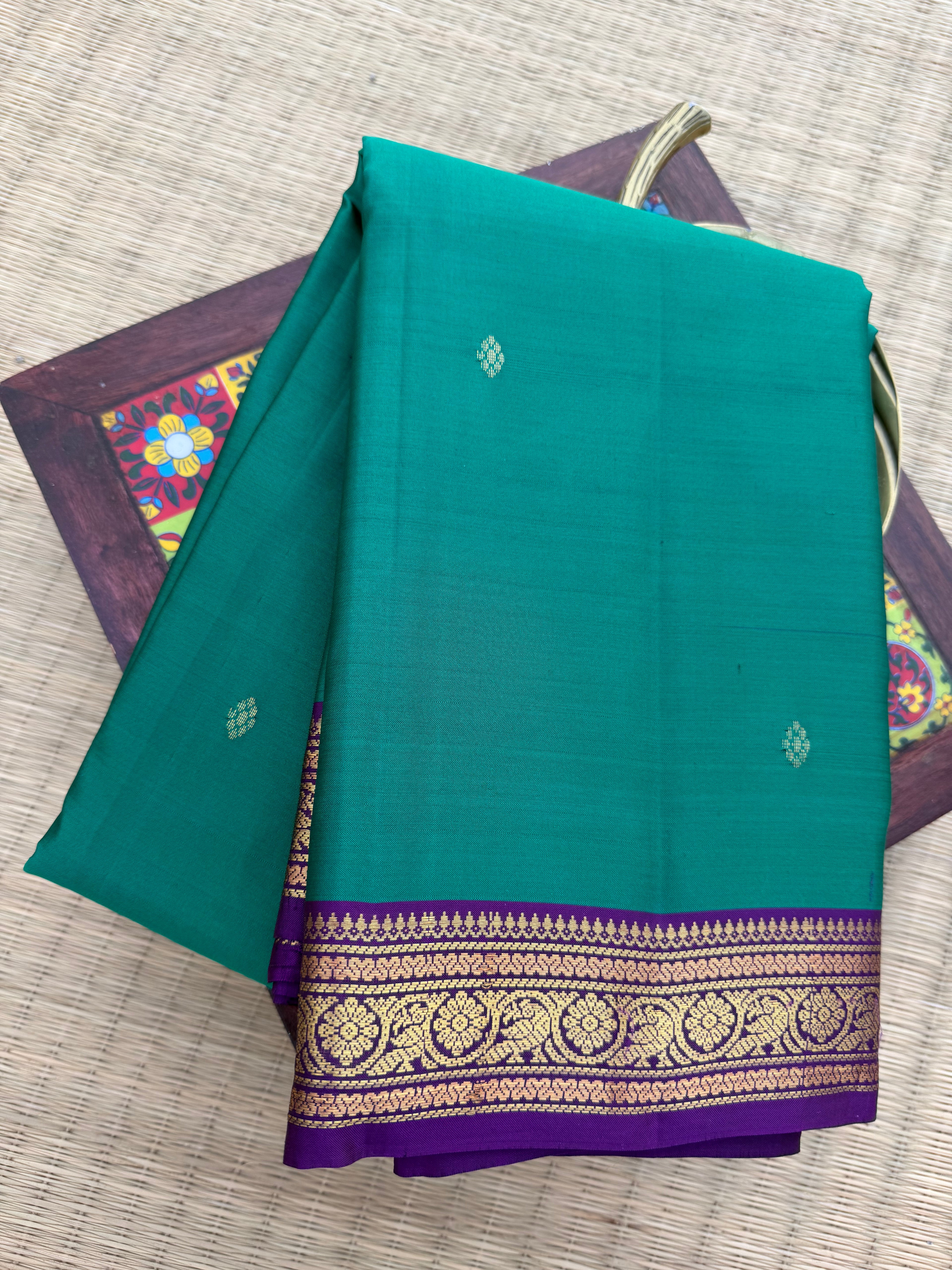 Kanchipattu Saree – Emerald Green with Purple
