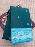 Pure Kanchipattu Saree – Bottle Green with Sky Blue Border