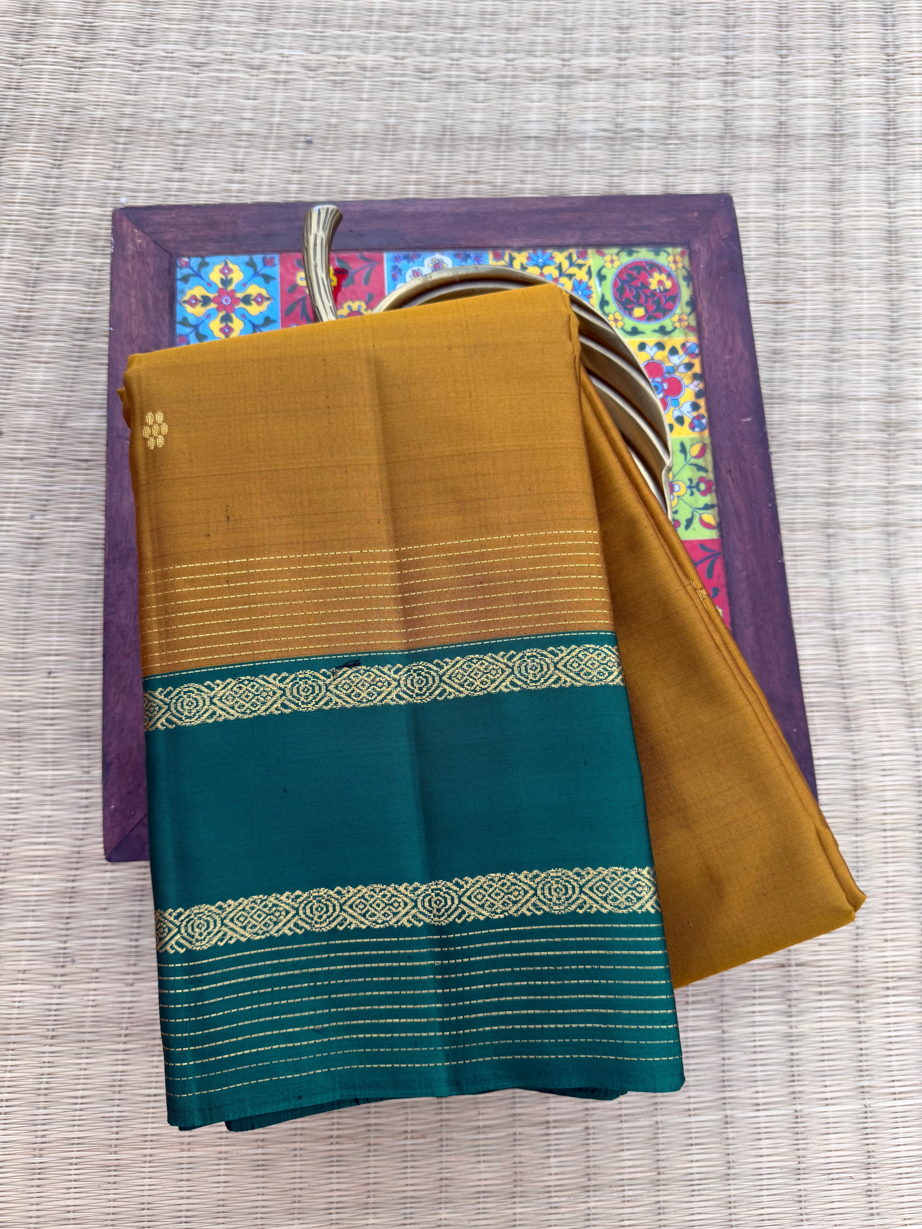 Pure Kanchipattu Saree – Mustard Gold with Green Border