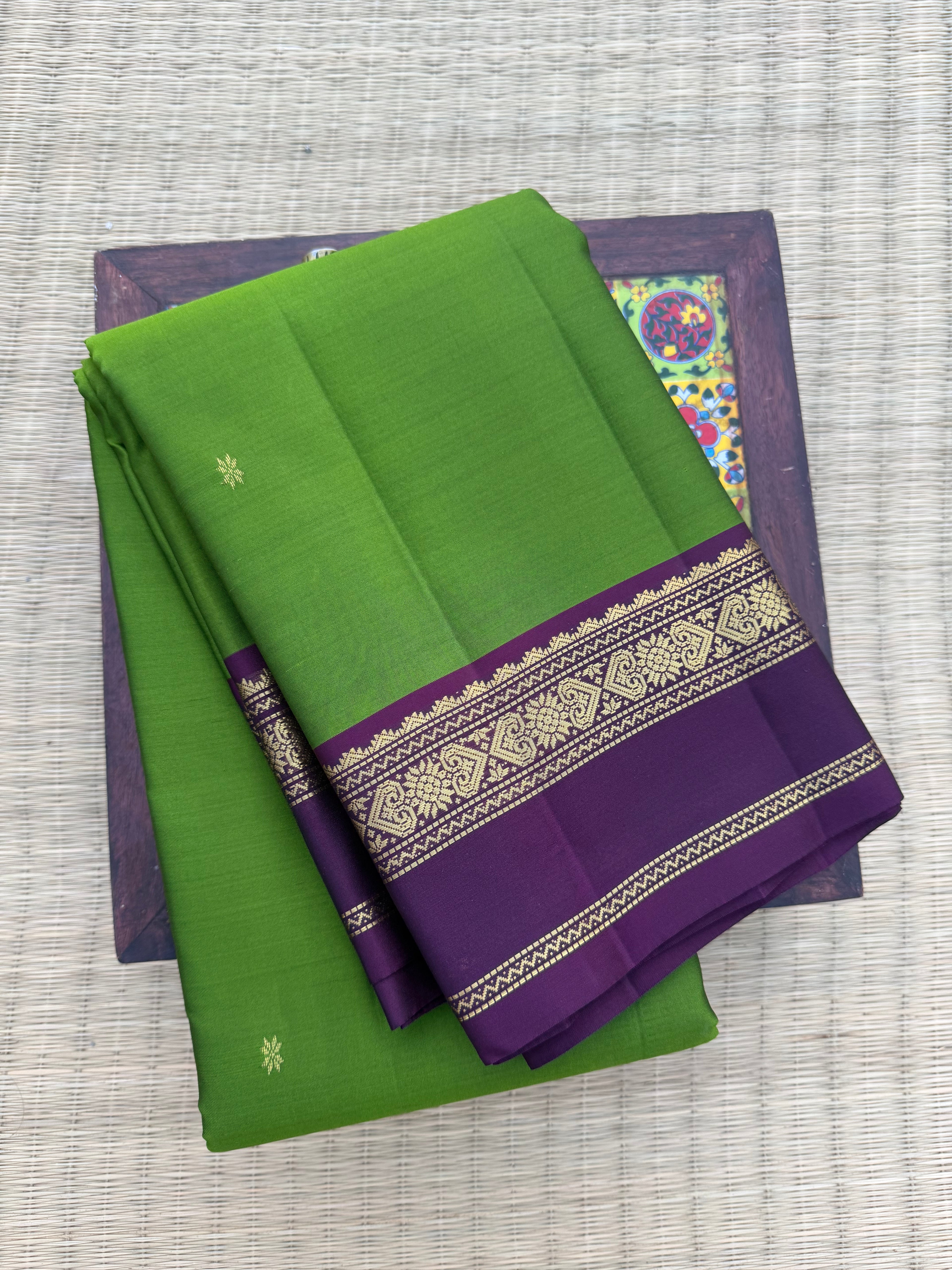 Pure Kanchipattu Saree – Parrot Green with Purple Border