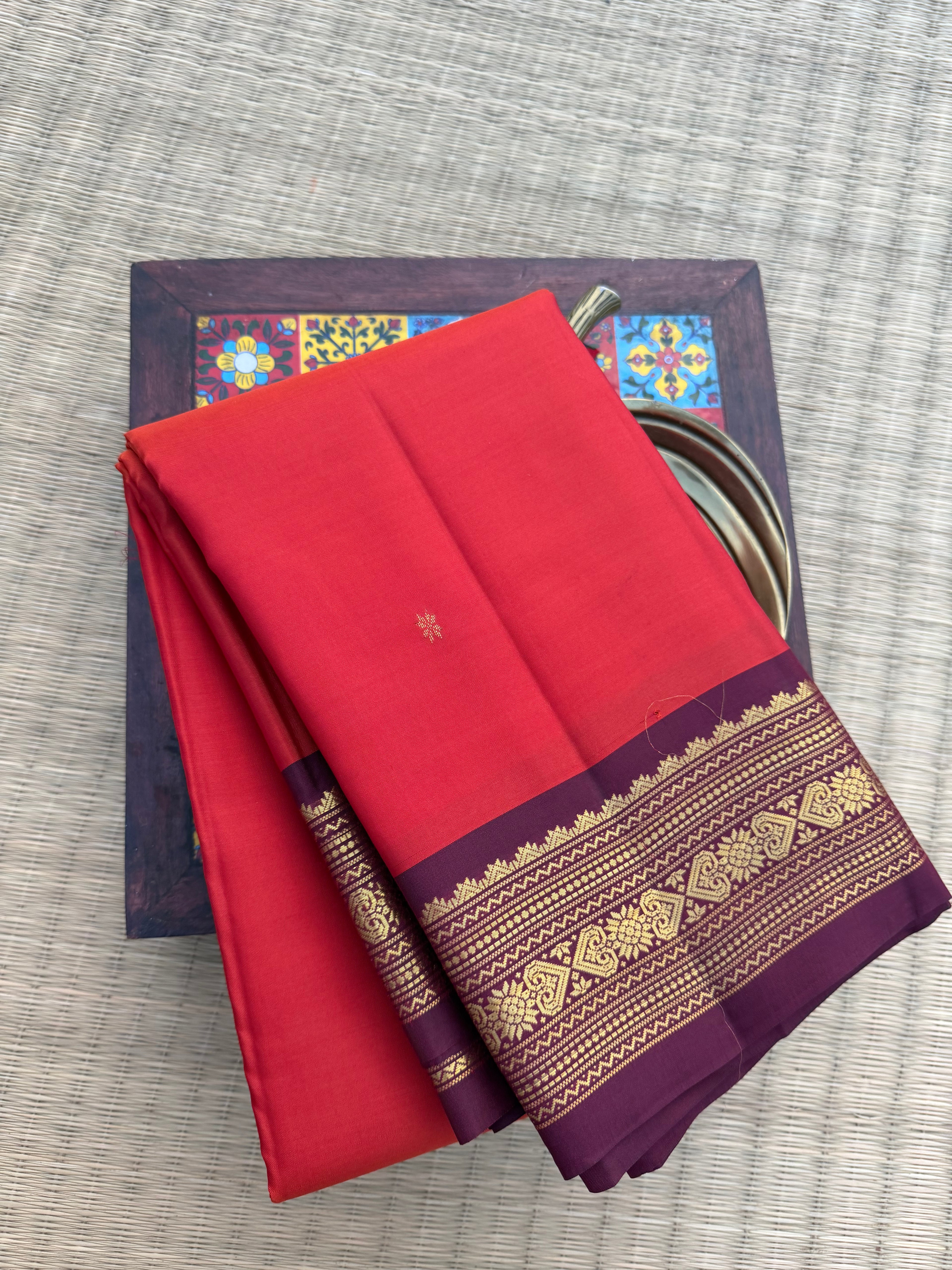 Pure Kanchipattu Saree – Red with Brown Border