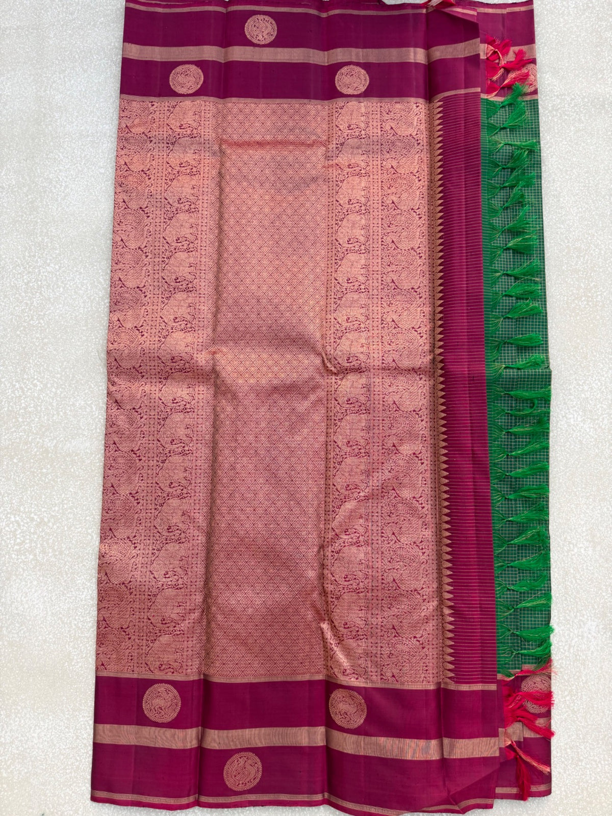 Pure KANCHIVARAM Saree – Bottle Green & Maroon