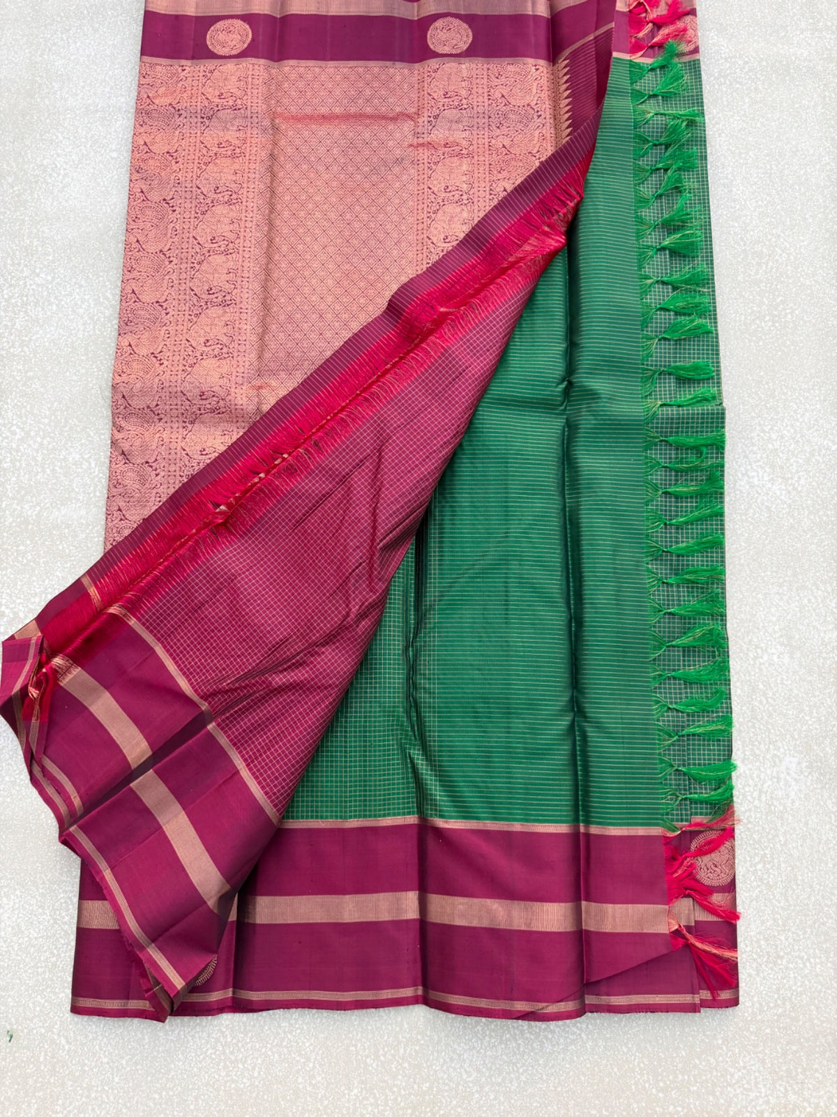Pure KANCHIVARAM Saree – Bottle Green & Maroon
