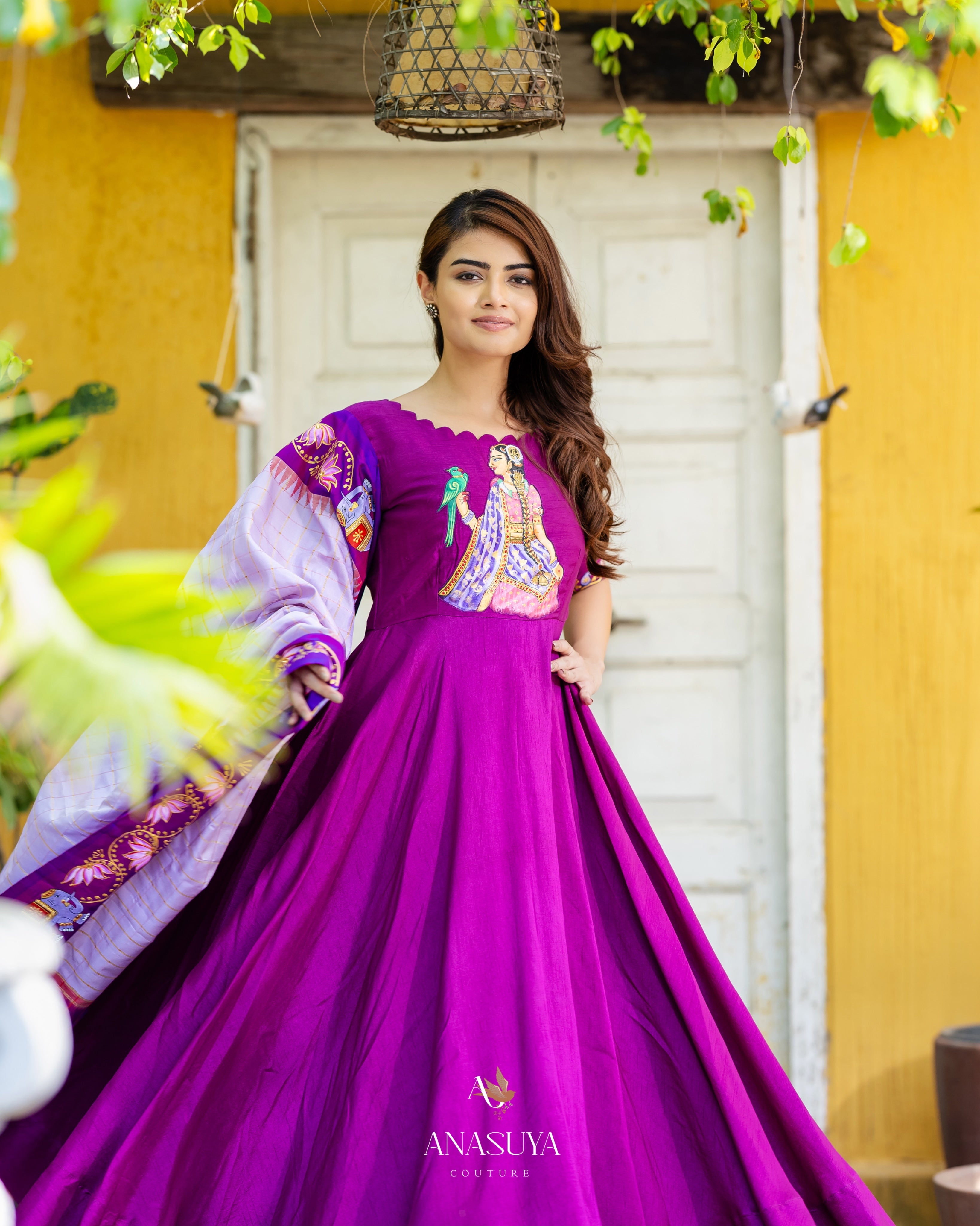 Purple silk Anarkali with Tanjavure painting
