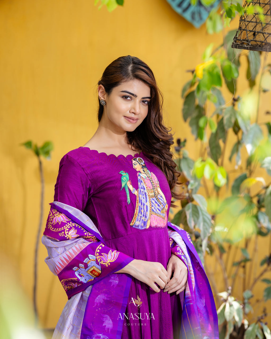 Purple silk Anarkali with Tanjavure painting