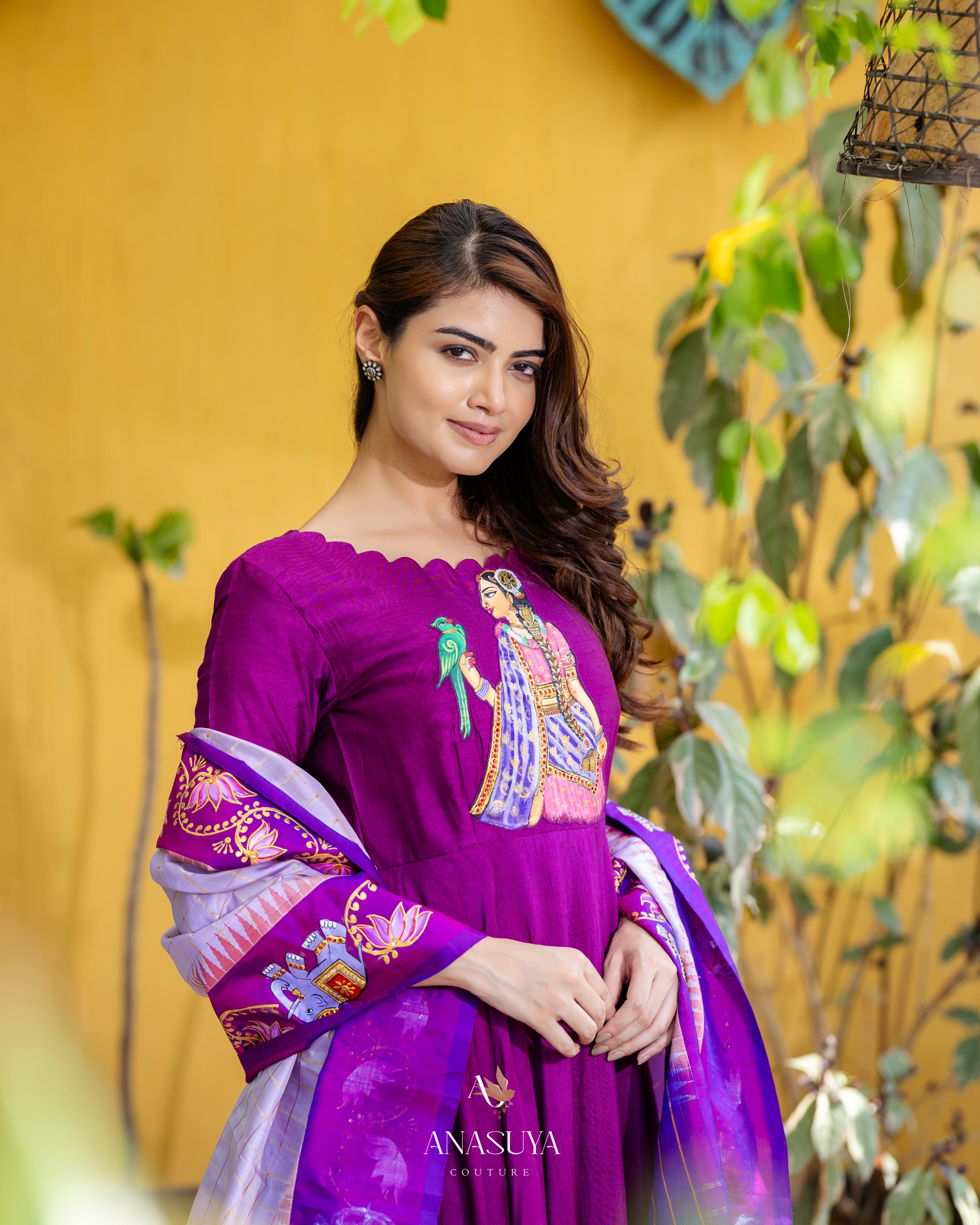 Purple silk Anarkali with Tanjavure painting