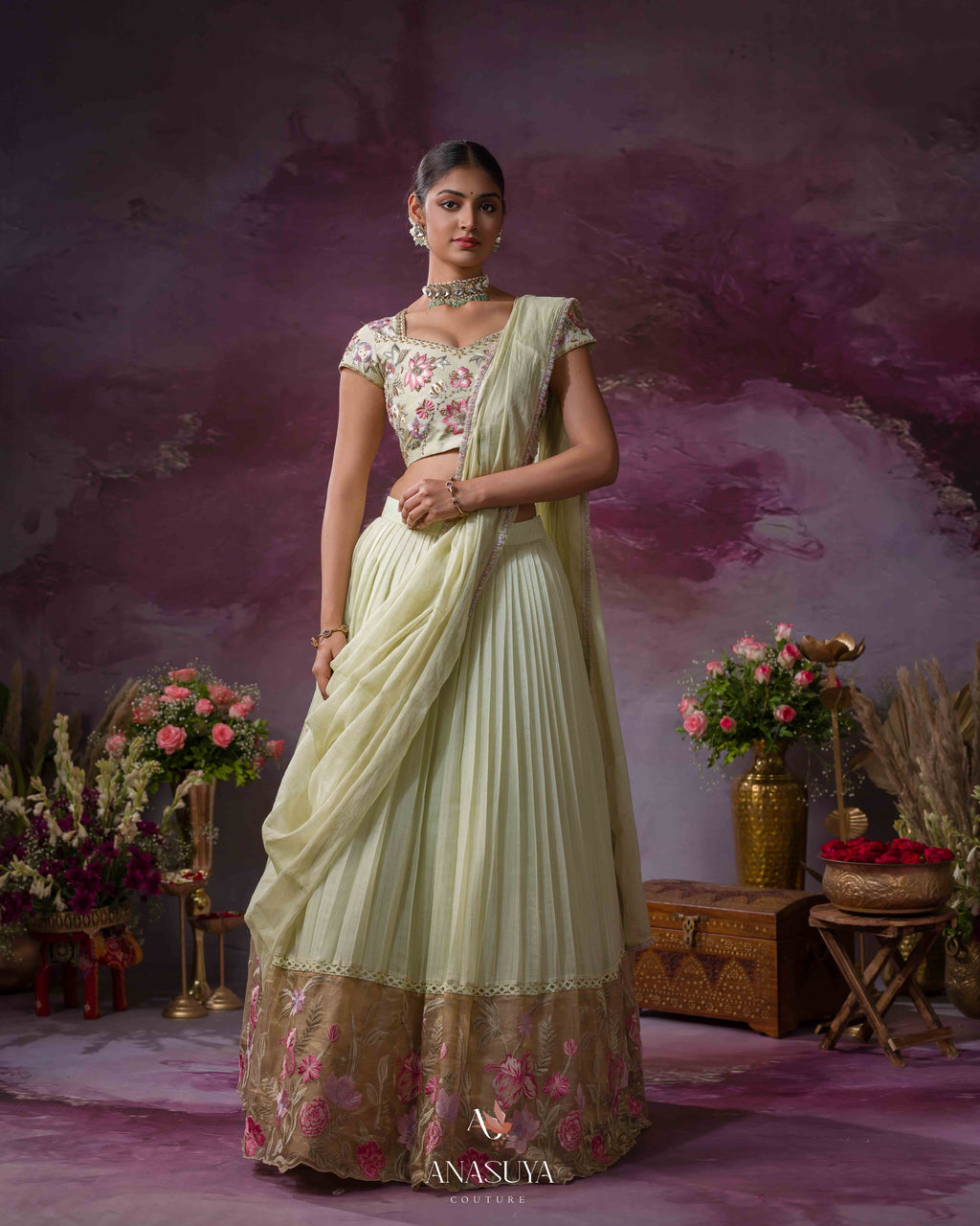 Chanderi tissue embroidery lehenga