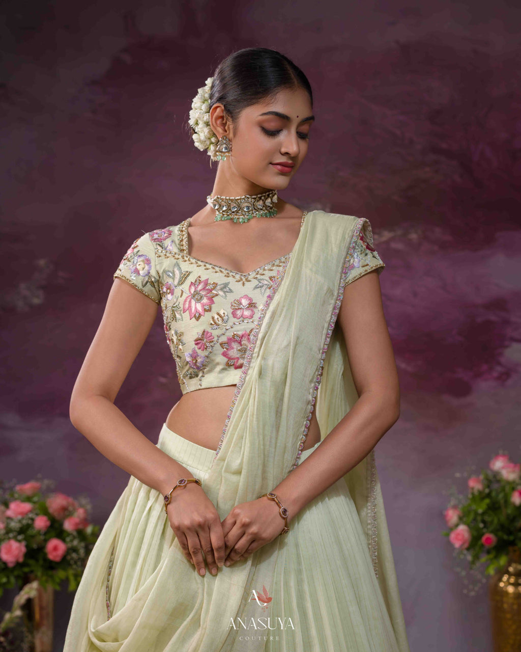 Chanderi tissue embroidery lehenga