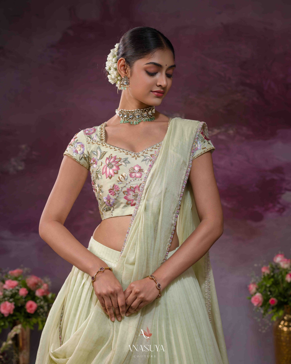 Chanderi tissue embroidery lehenga
