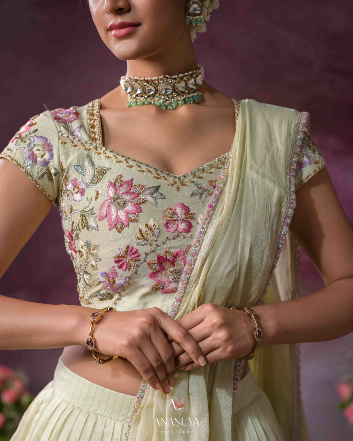 Chanderi tissue embroidery lehenga