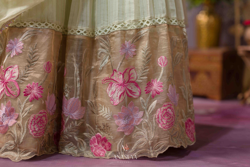 Chanderi tissue embroidery lehenga