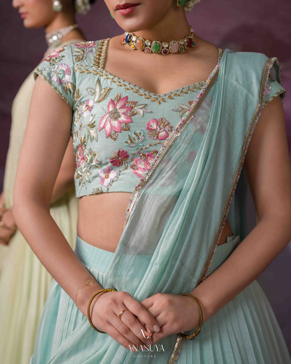 Chanderi tissue embroidery lehenga