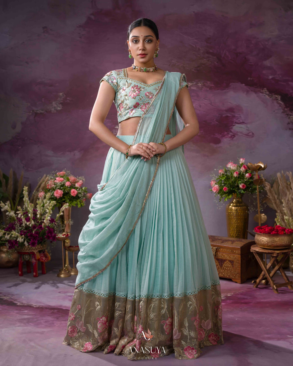 Chanderi tissue embroidery lehenga