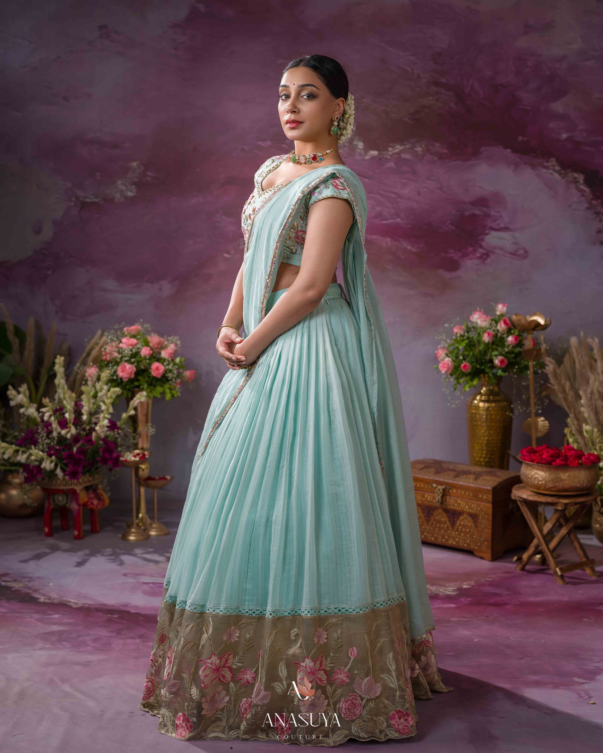Chanderi tissue embroidery lehenga