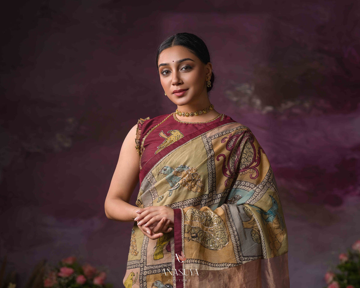 Handpainted Kalamkari Bangalore silk saree