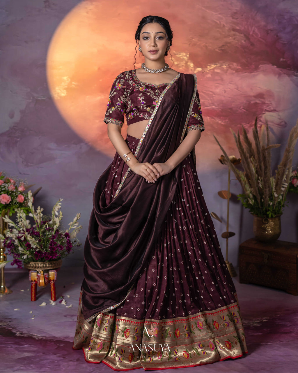 Bandhini Paithani Fusion Lehenga Set – Wine
