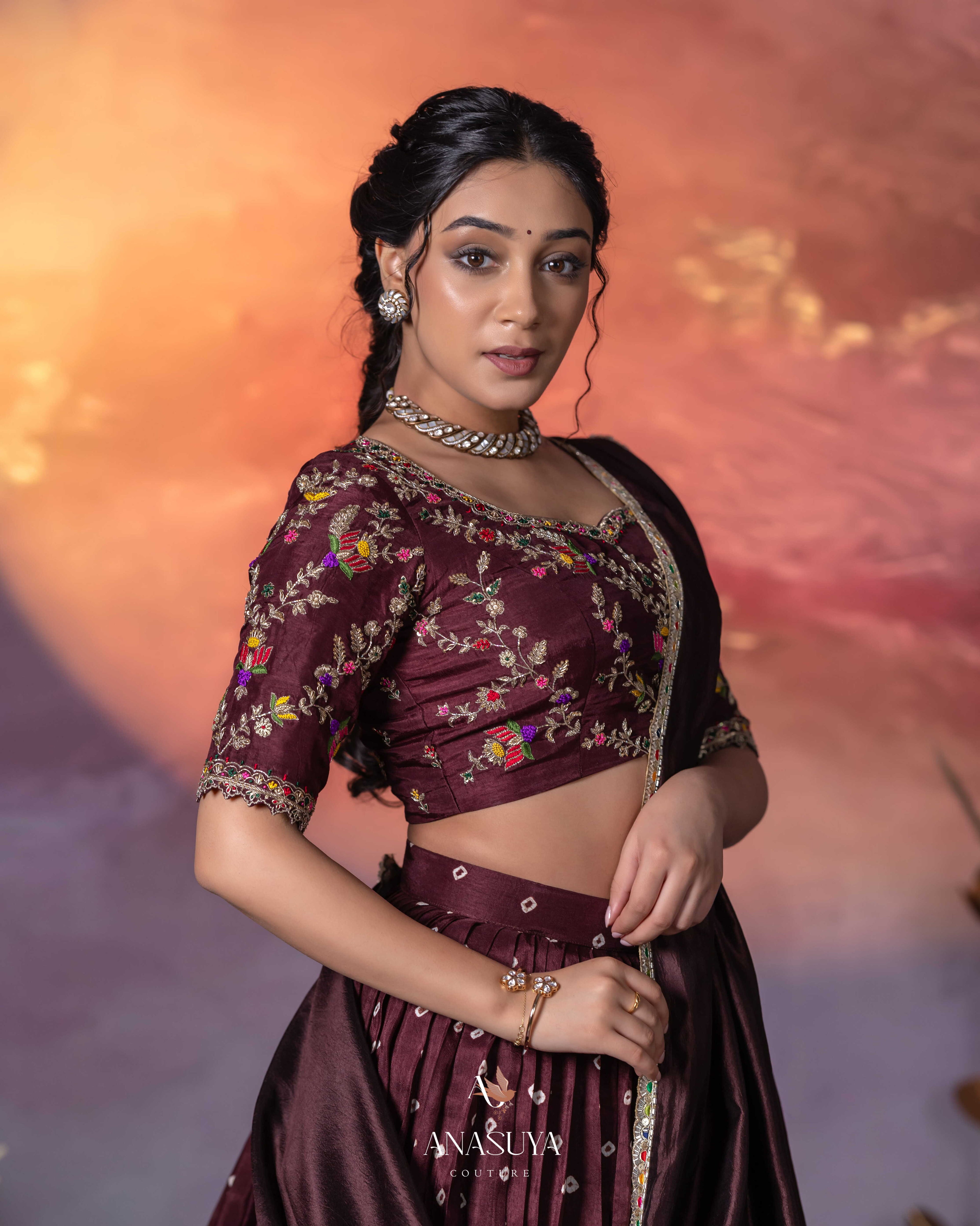 Bandhini Paithani Fusion Lehenga Set – Wine