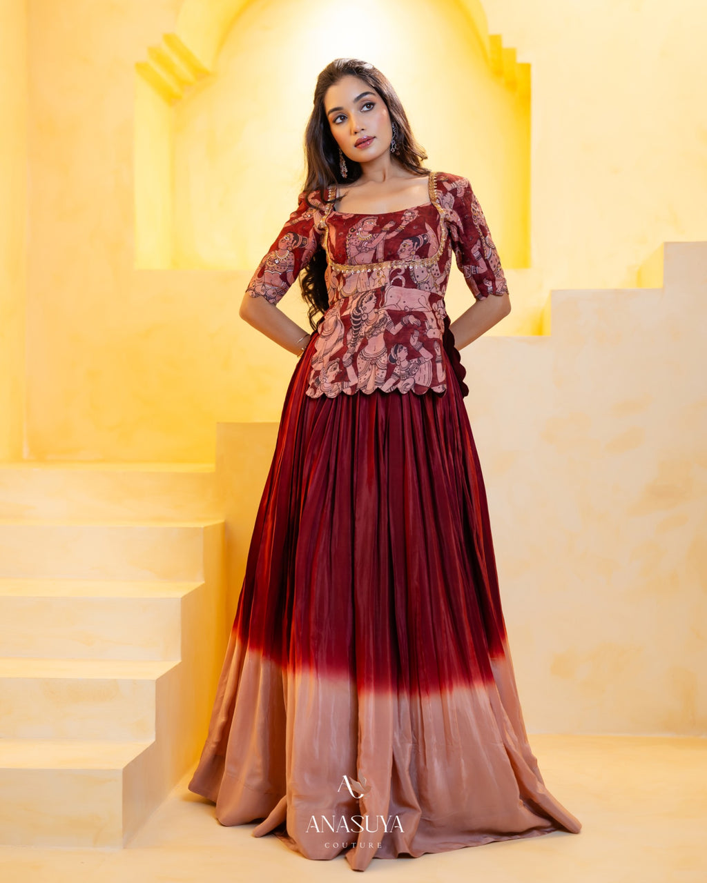 Kalamkari Top with fusion lehenga