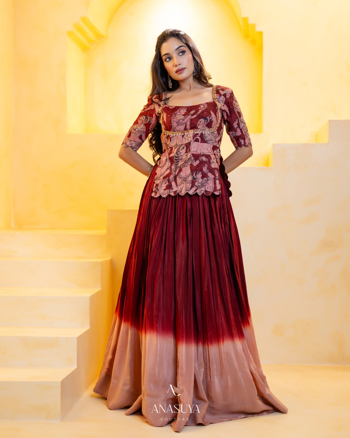 Kalamkari Top with fusion lehenga