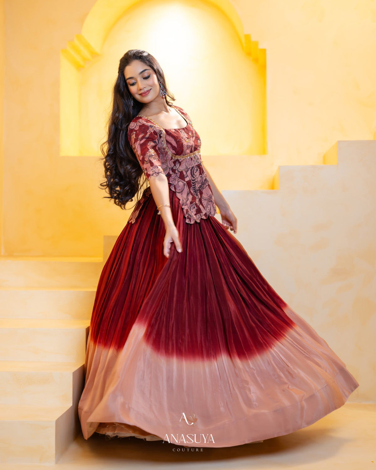 Kalamkari Top with fusion lehenga
