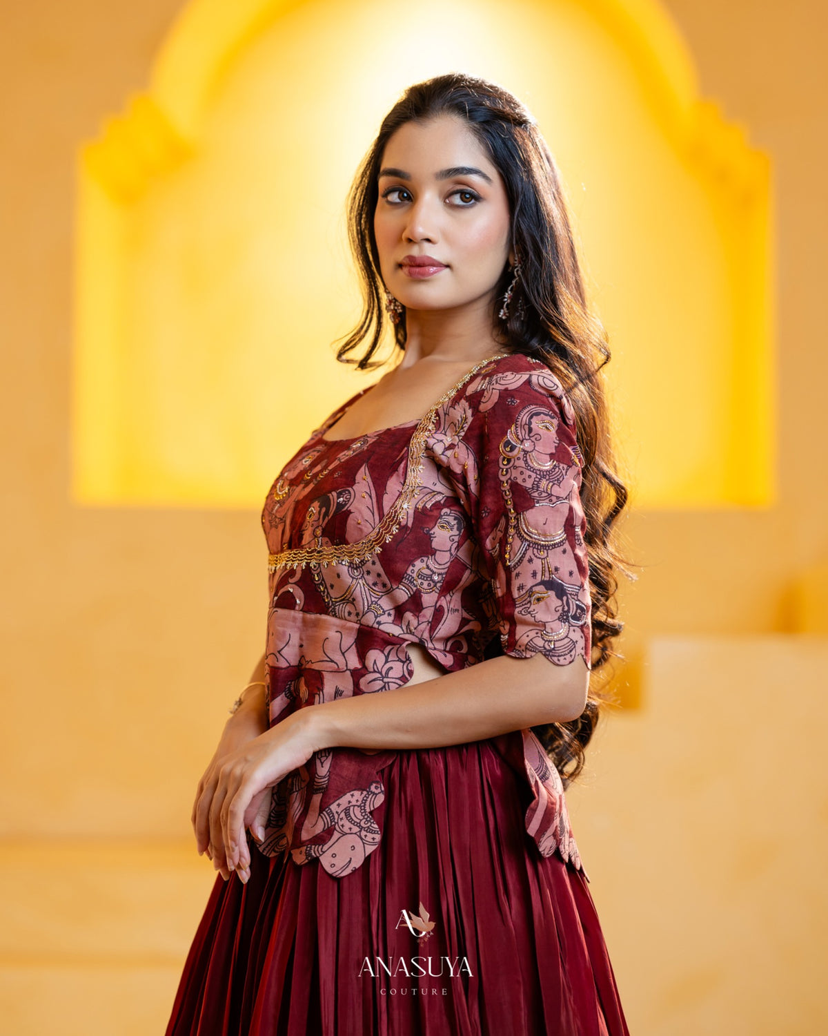 Kalamkari Top with fusion lehenga