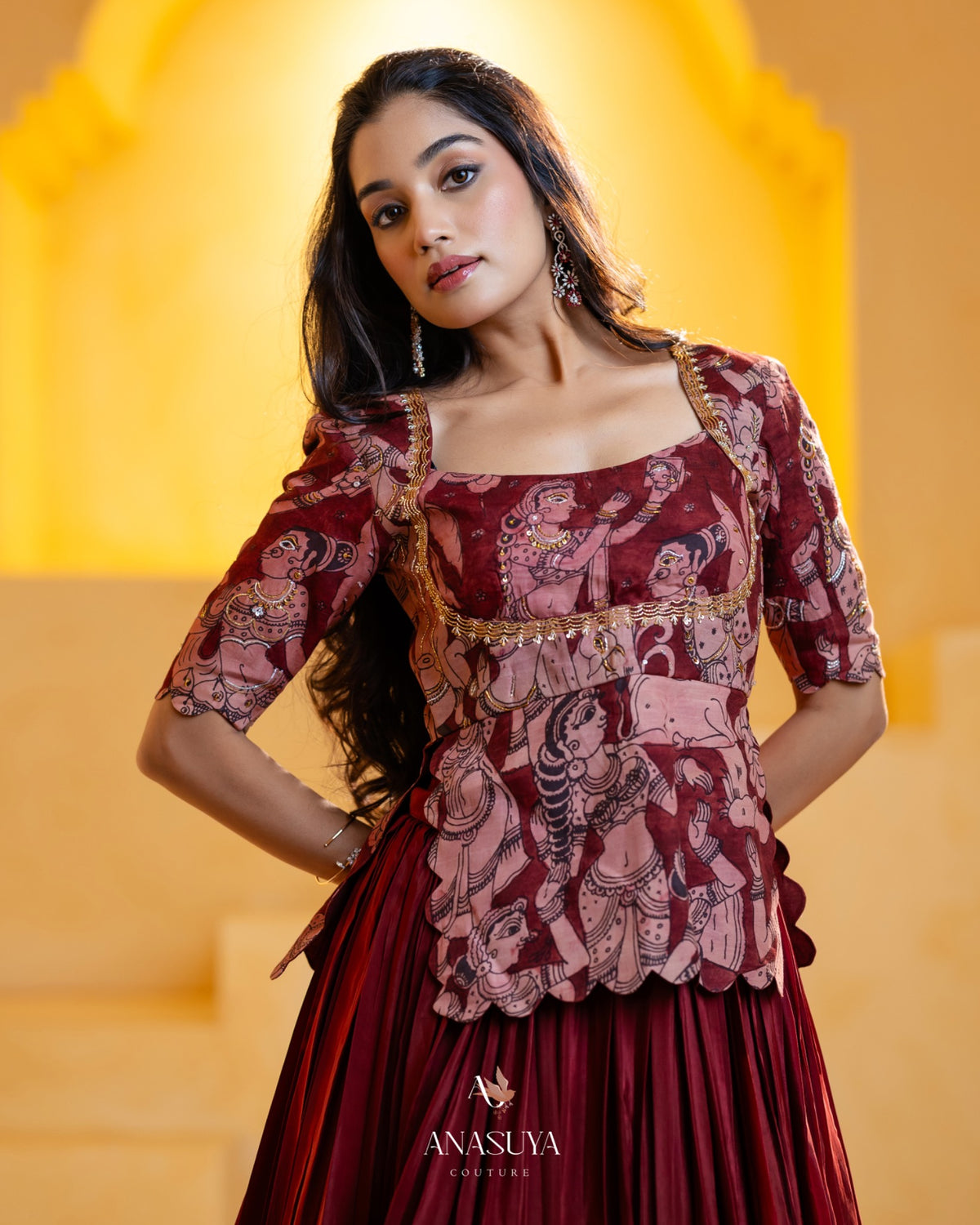 Kalamkari Top with fusion lehenga